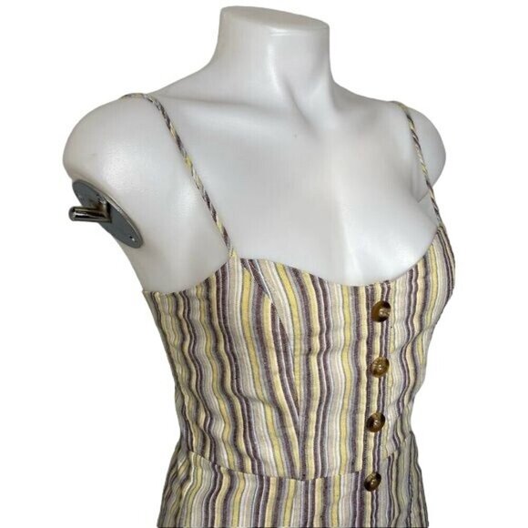 Mind Code Pin Striped Mini Linen Y2K Yellow Blue Brown Button Dress Size S - Picture 4 of 12